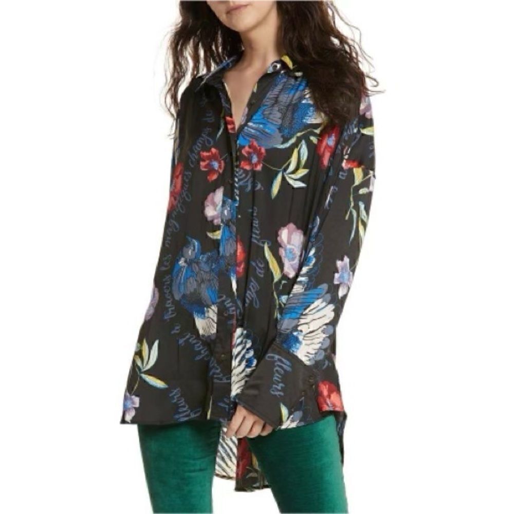 Free People Size XXS Black Floral Oversized Boho Silky Nights Tunic Top